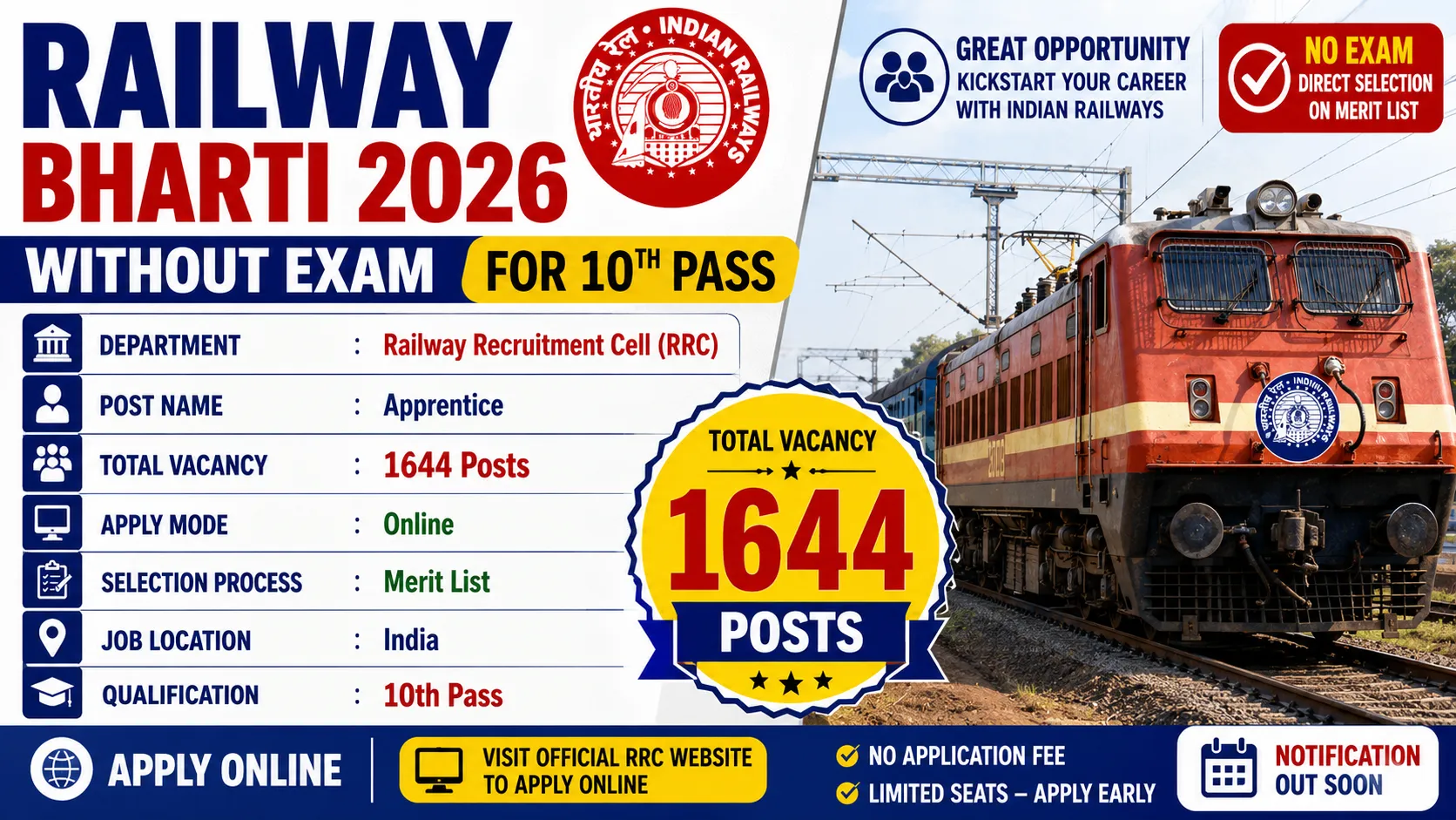 Railway Bharti 2026 for 1644 Post Without Exam for 10th Pass